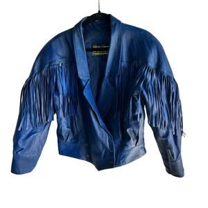 Vintage 80s 90s Direct Action New York Royal Blue Leather Fringe Bomber Jacket